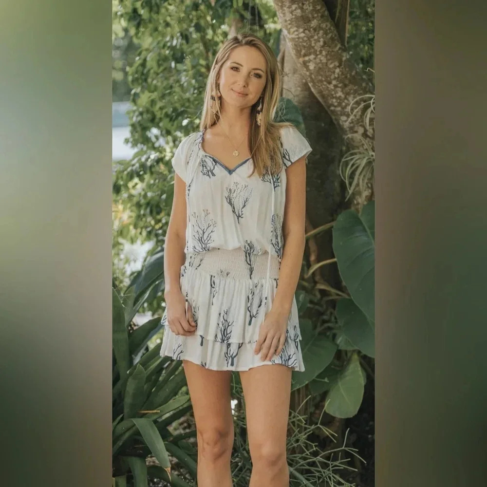 Skemo Coral Reef Gypsy Dress w/ Tie & Smocked Waist by Skemo - Navy Blue Coral